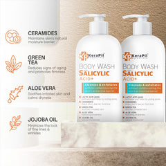 KERAPIL Salicylic Acid Body Wash bottle-side suggests gentle cleansing with BHA and AHA exfoliation.