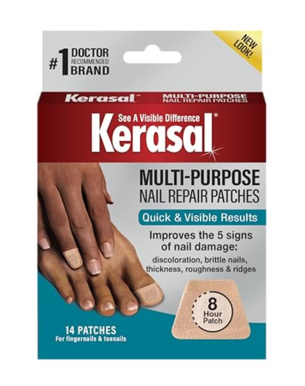 Kerasal patches packaging close-up highlighting at-home nail repair for damaged nails.