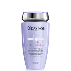 KÉRASTASE Blond Absolu Bain Ultra-Violet shampoo bottle highlights blue-violet pigments for cool tones.