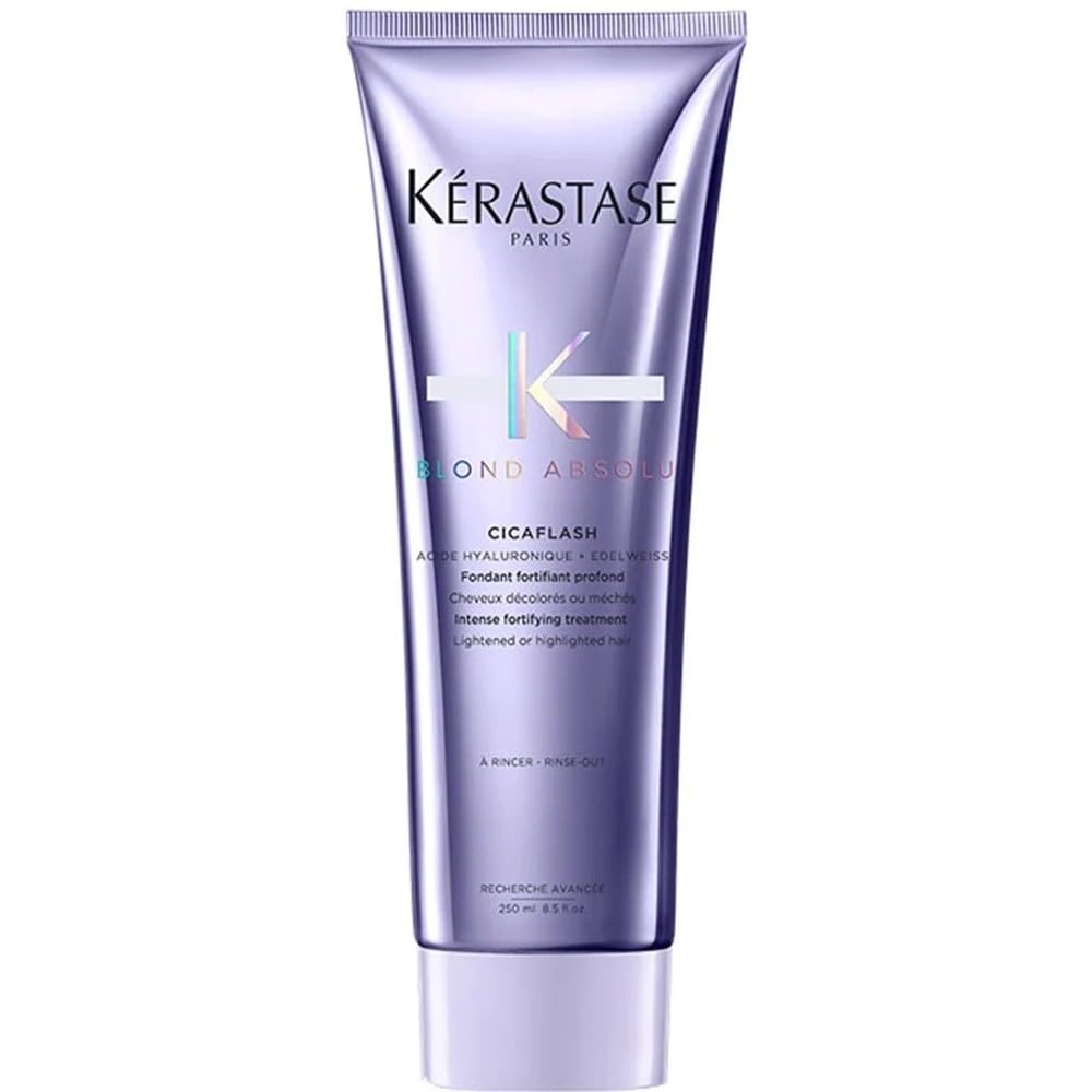 Kérastase Blond Absolu Cicaflash bottle highlights hydrating, color-safe conditioner for damaged blonde hair.