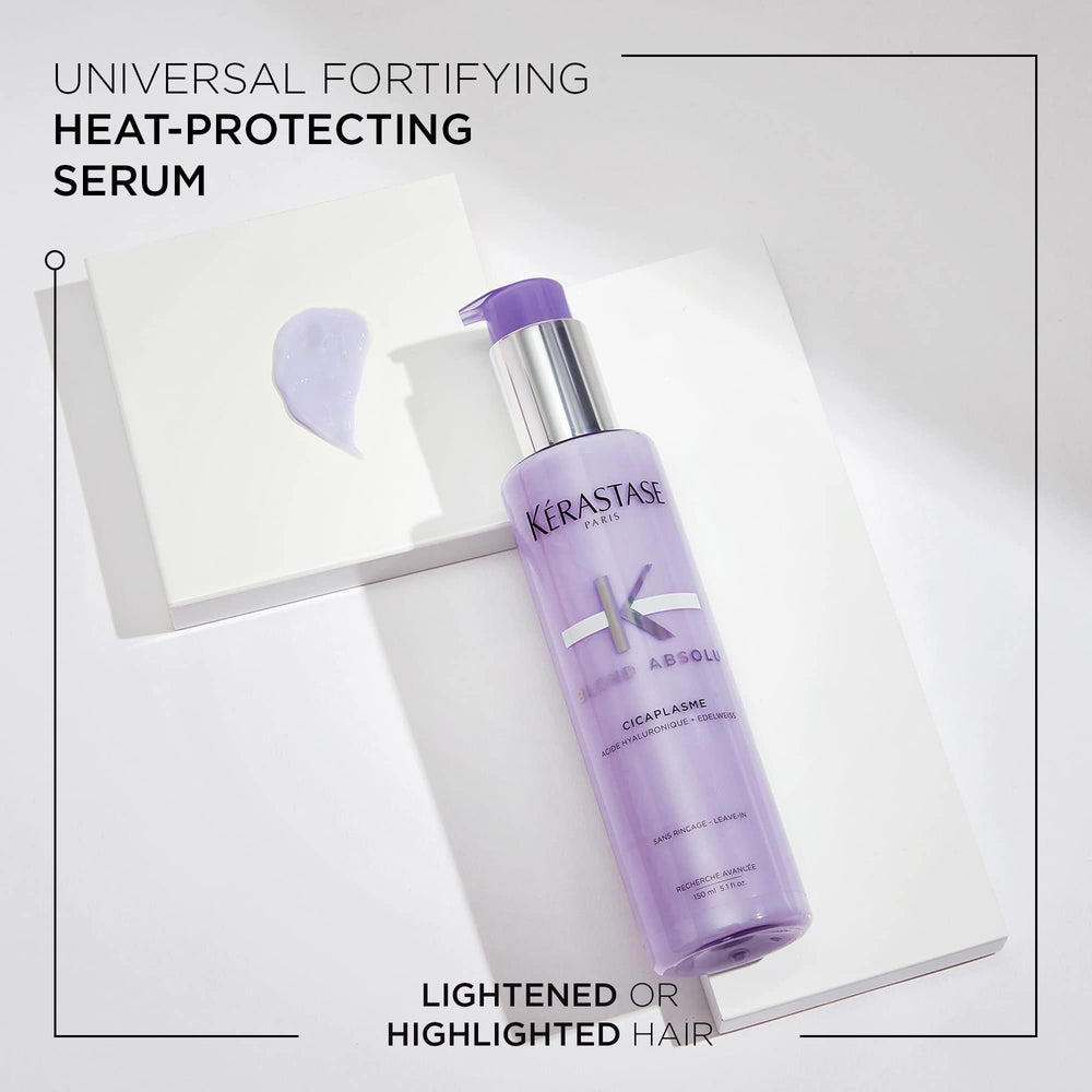 Close-up of Cicaplasme dispenser highlighting smooth, non-greasy application on blonde hair.