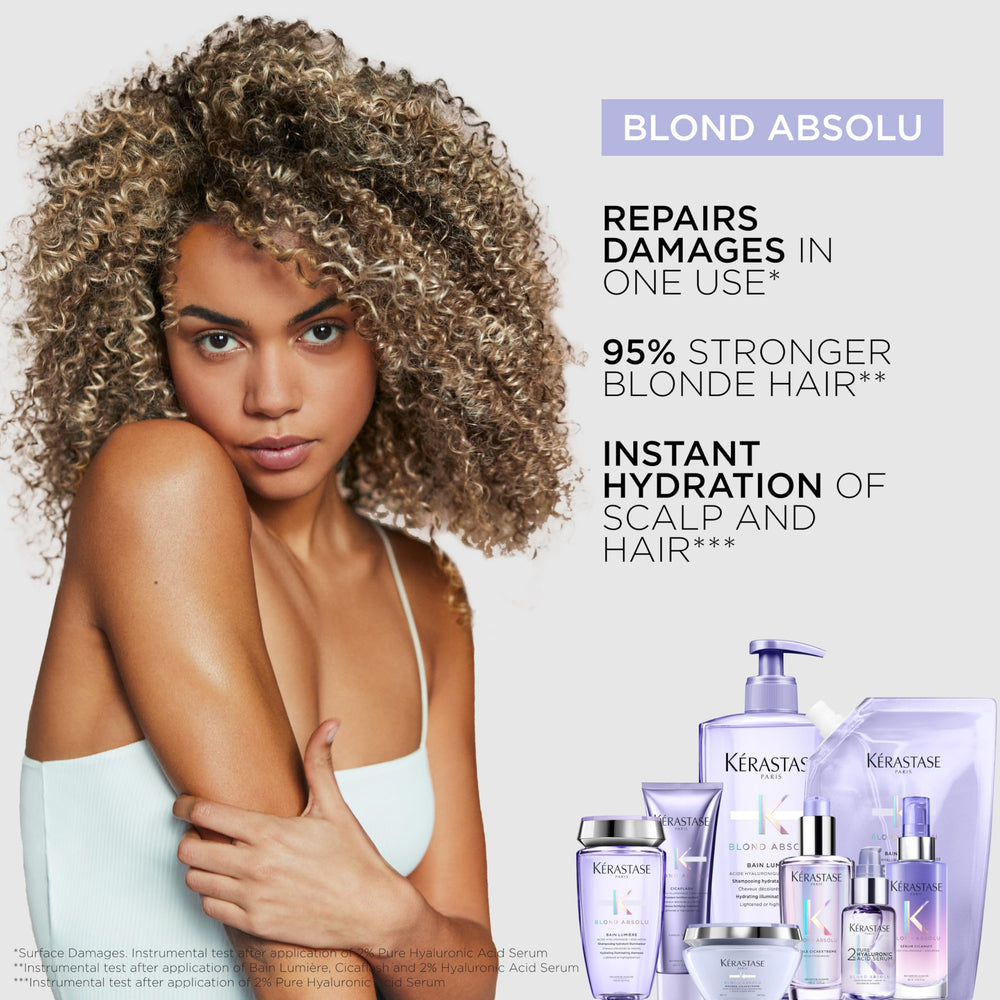 Hair texture close-up with Kerastase Blond Absolu Lumière for smooth fiber