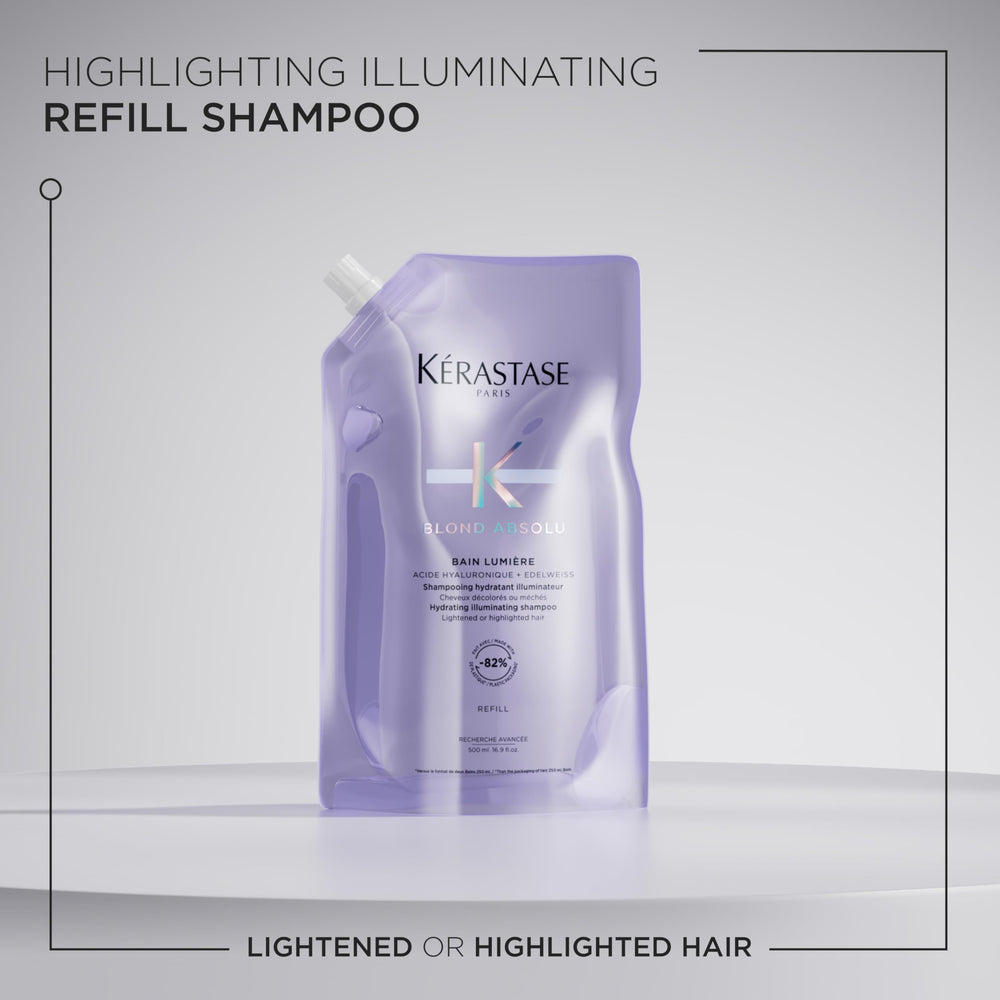 Kerastase Blond Absolu Lumière Shampoo closeup shows vibrant color on highlighted hair.