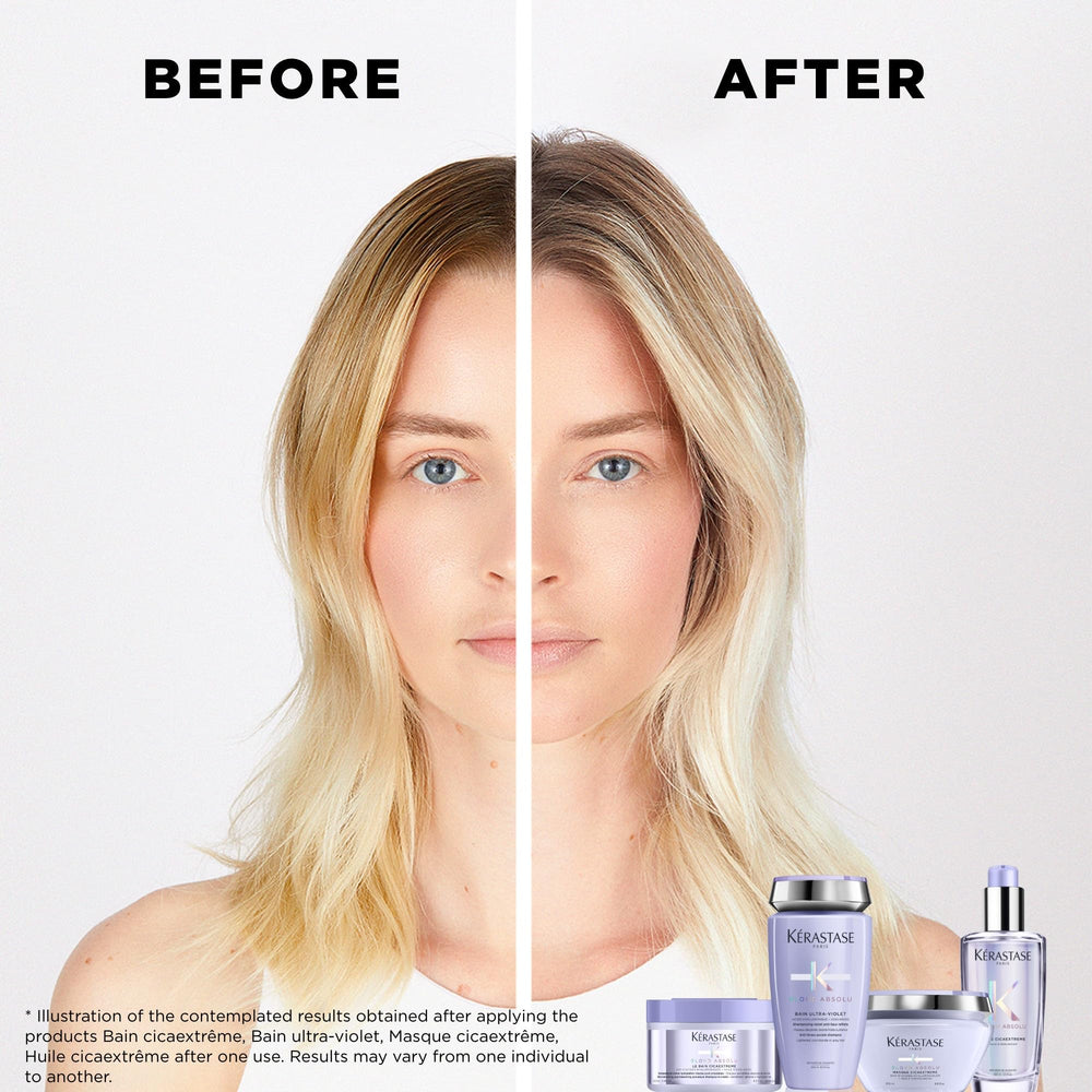 Kerastase Blond Absolu Lumière Shampoo bottle pouring into hand for gentle cleansing.