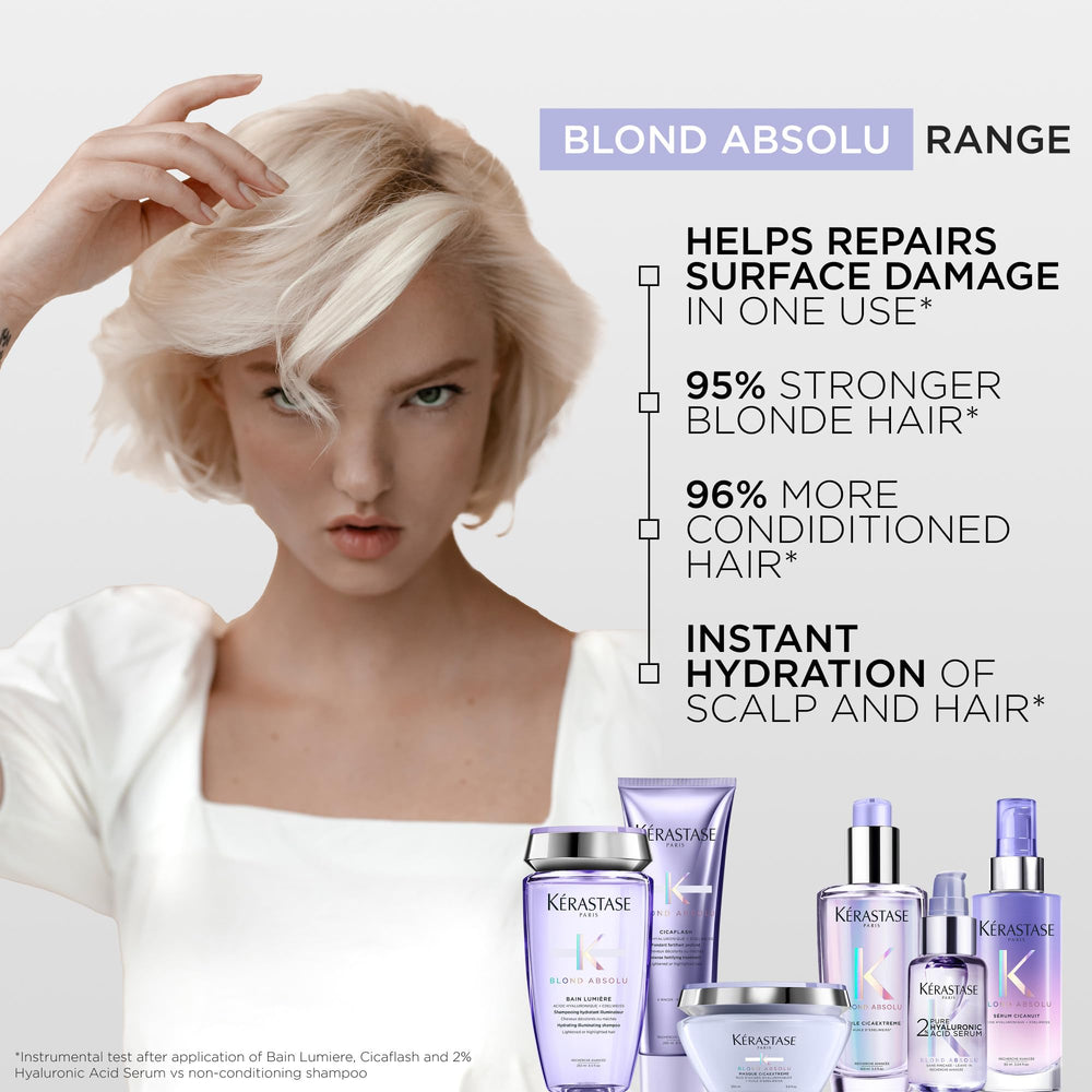 Kerastase Blond Absolu Lumière Shampoo refill pack displayed in bathroom setting.