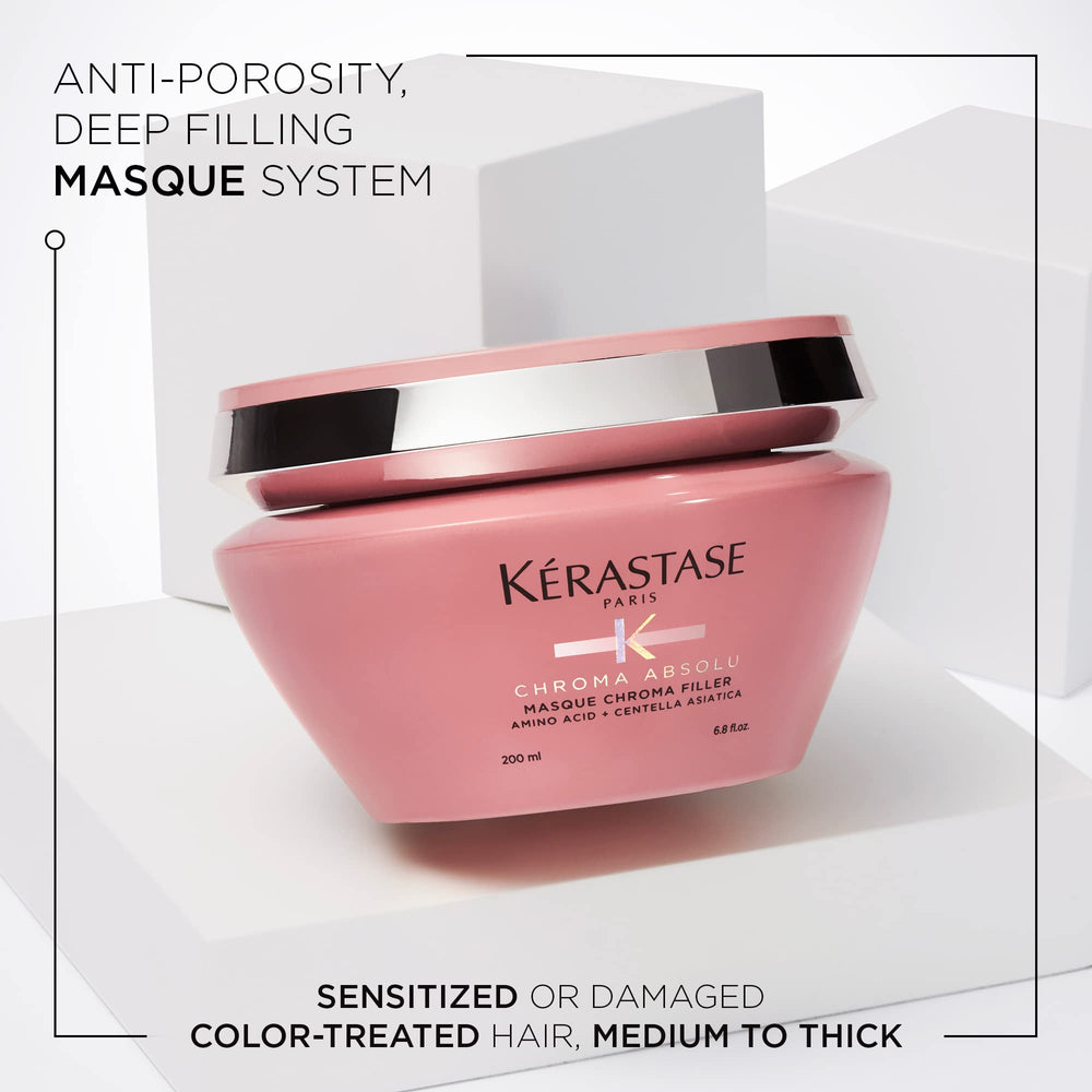 KÉRASTASE Chroma Absolu deep-conditioning massage shows distributing product to reinforce strands and hydration.