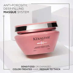 KÉRASTASE Chroma Absolu deep-conditioning massage shows distributing product to reinforce strands and hydration.