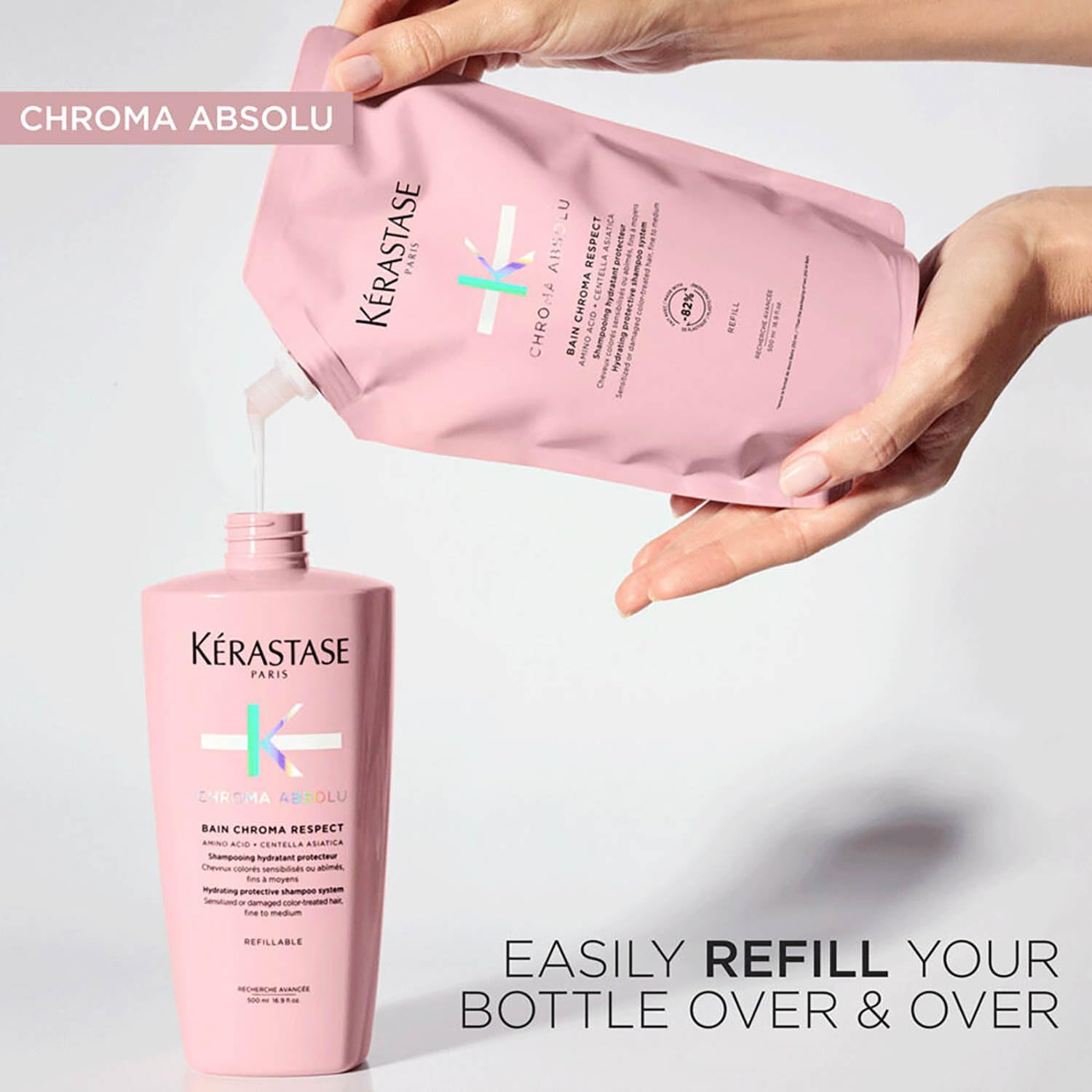 KÉRASTASE refill next to recycled packaging visualizing eco-friendly benefit
