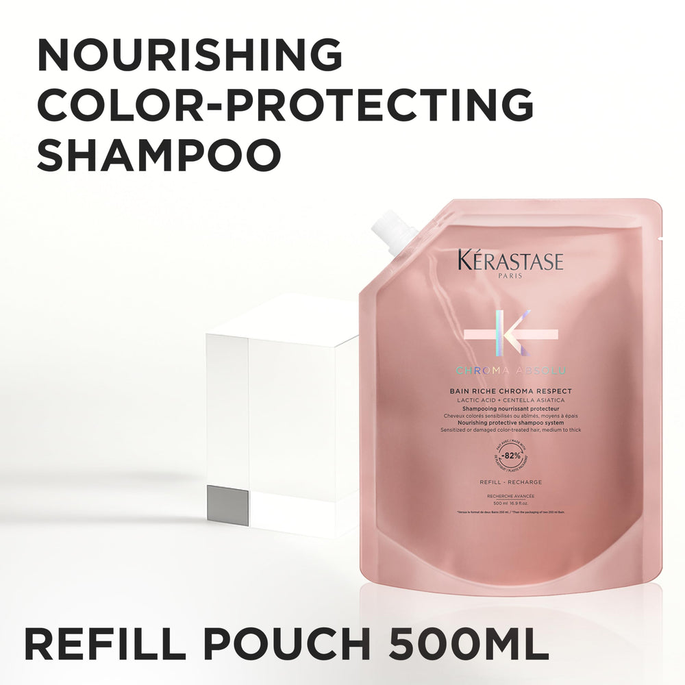 KÉRASTASE refill pouch close-up highlighting eco-friendly packaging and ease