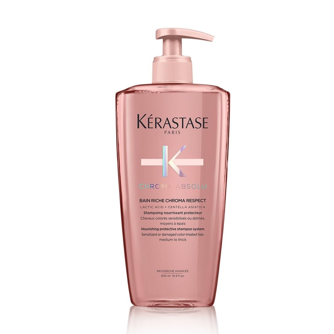KÉRASTASE Chroma Respect shampoo bottle shows color-protecting formula for color-treated hair.