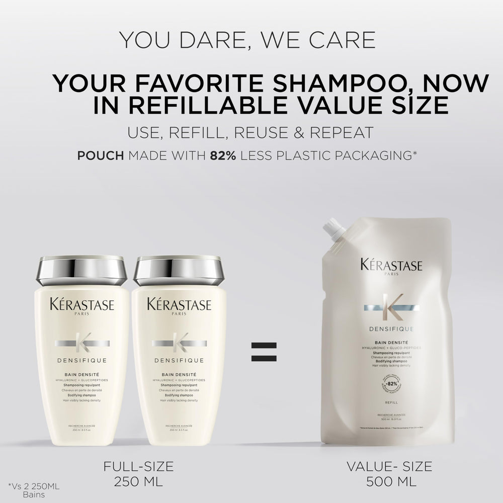 Kérastase Densifique sustainable packaging icon emphasizes reduced plastic.