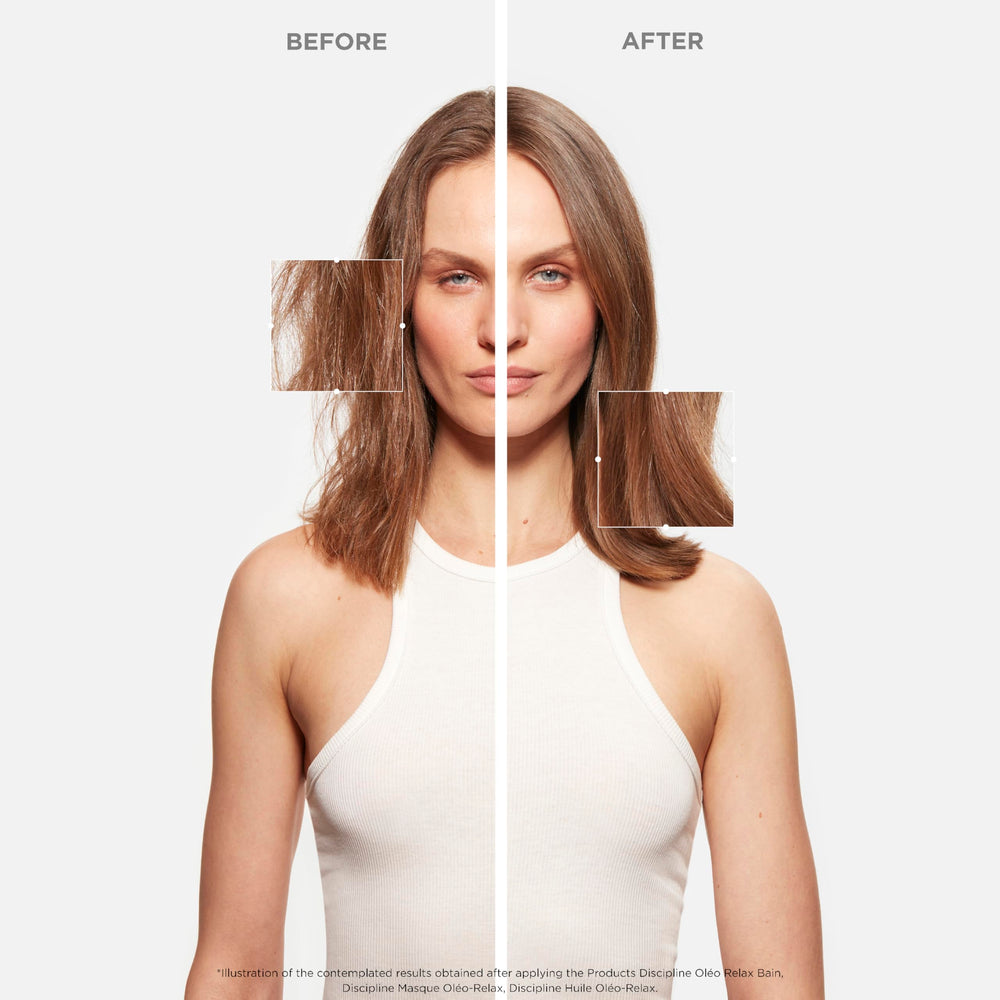 KÉRASTASE Discipline label close-up highlights suitability for chemically treated hair.