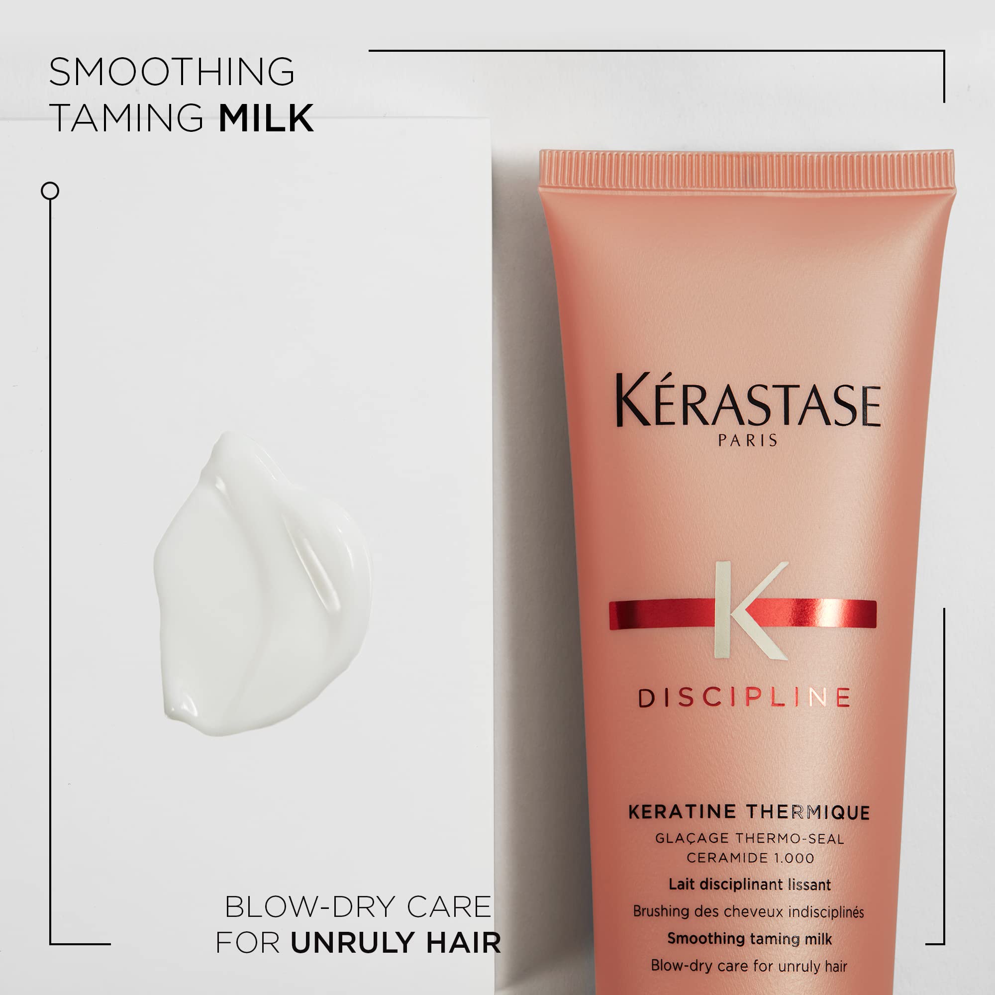 Kérastase Discipline Keratine Thermique tube shows easy application for smooth styling