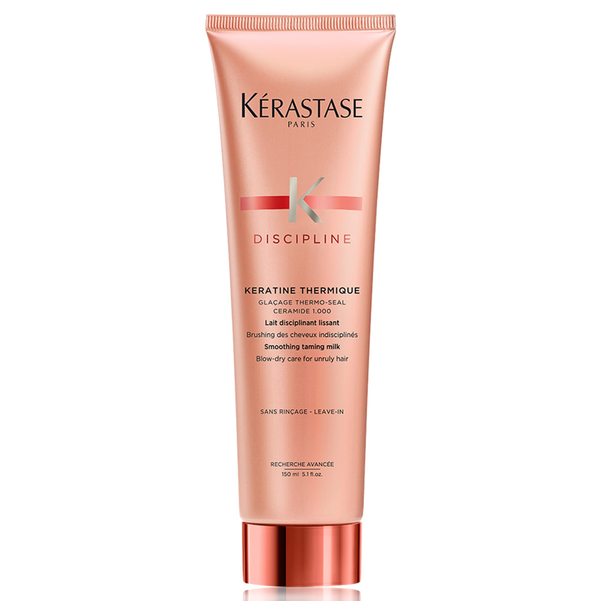 Kérastase Discipline Keratine Thermique bottle demonstrates heat protection and frizz control