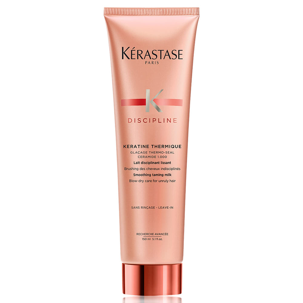 Kérastase Discipline Keratine Thermique bottle demonstrates heat protection and frizz control