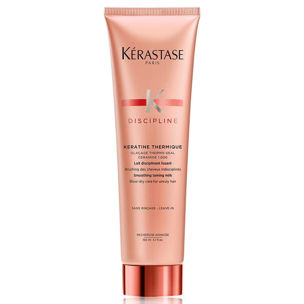 Kérastase Discipline Keratine Thermique bottle demonstrates heat protection and frizz control