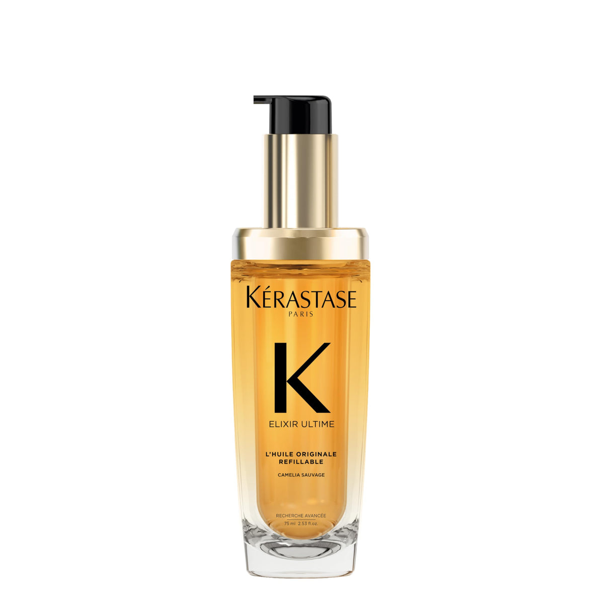 Kérastase Elixir Ultime bottle glass closeup — refillable luxury oil for lasting shine.