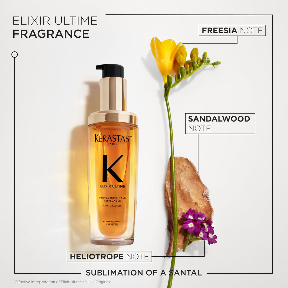 Kérastase Elixir Ultime provides heat protection up to 450°F for styling confidence.