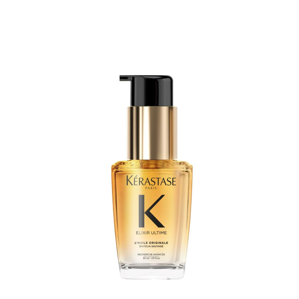KÉRASTASE Elixir Ultime oil bottle close-up showing luxurious shine