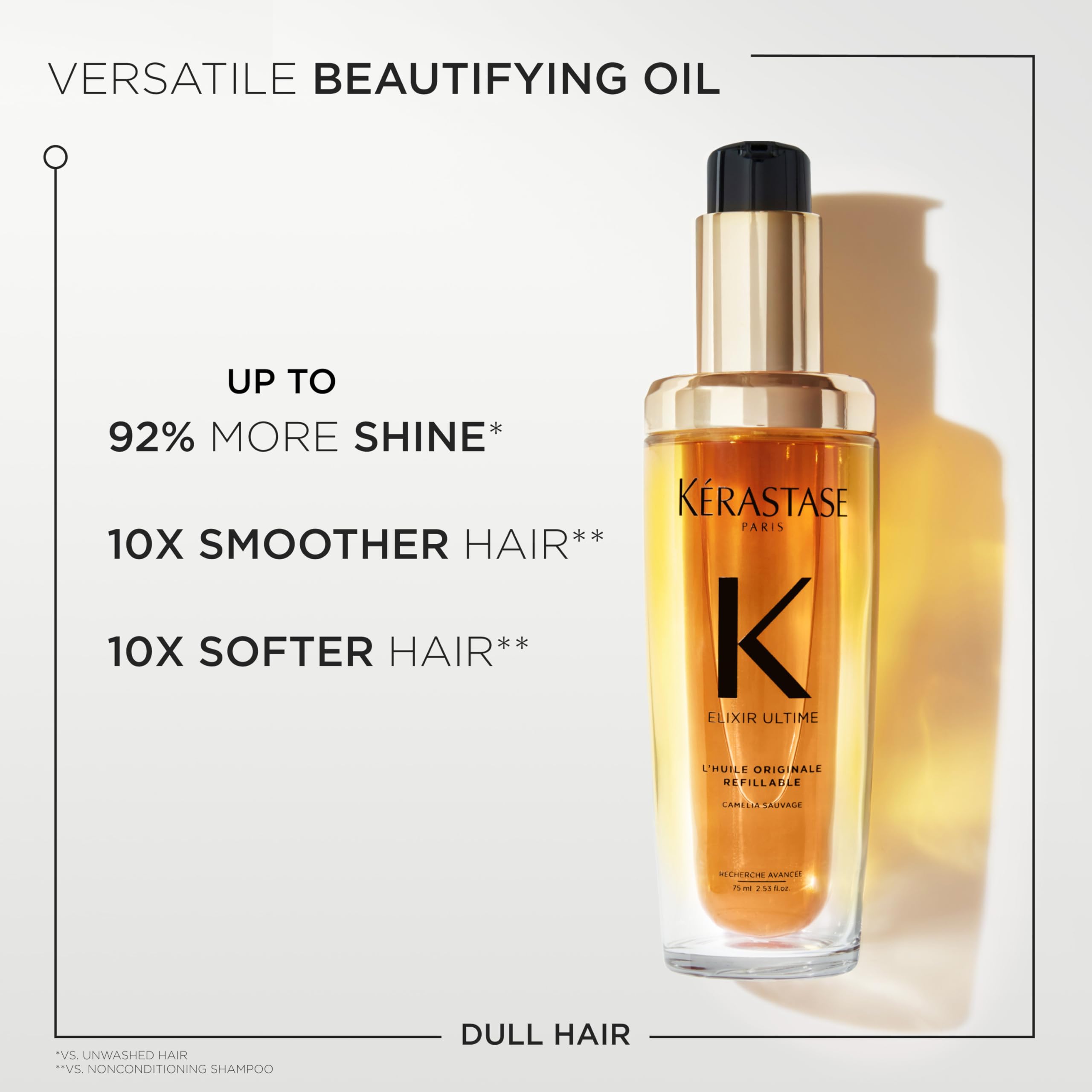 Kérastase Elixir Ultime pump-dispense shows controlled application to mid-lengths and ends.