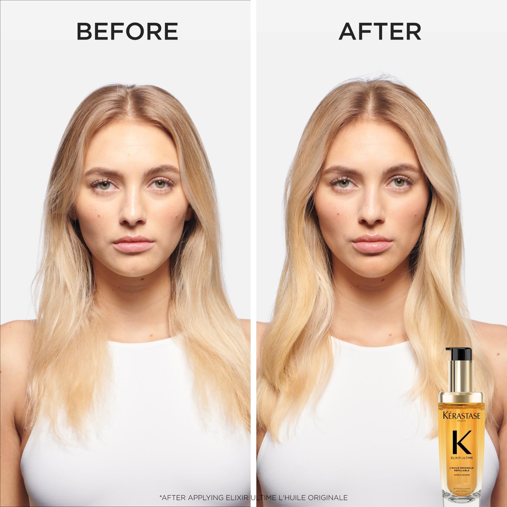 Kérastase Elixir Ultime wild camellia feature highlights nourishing care for radiant hair.