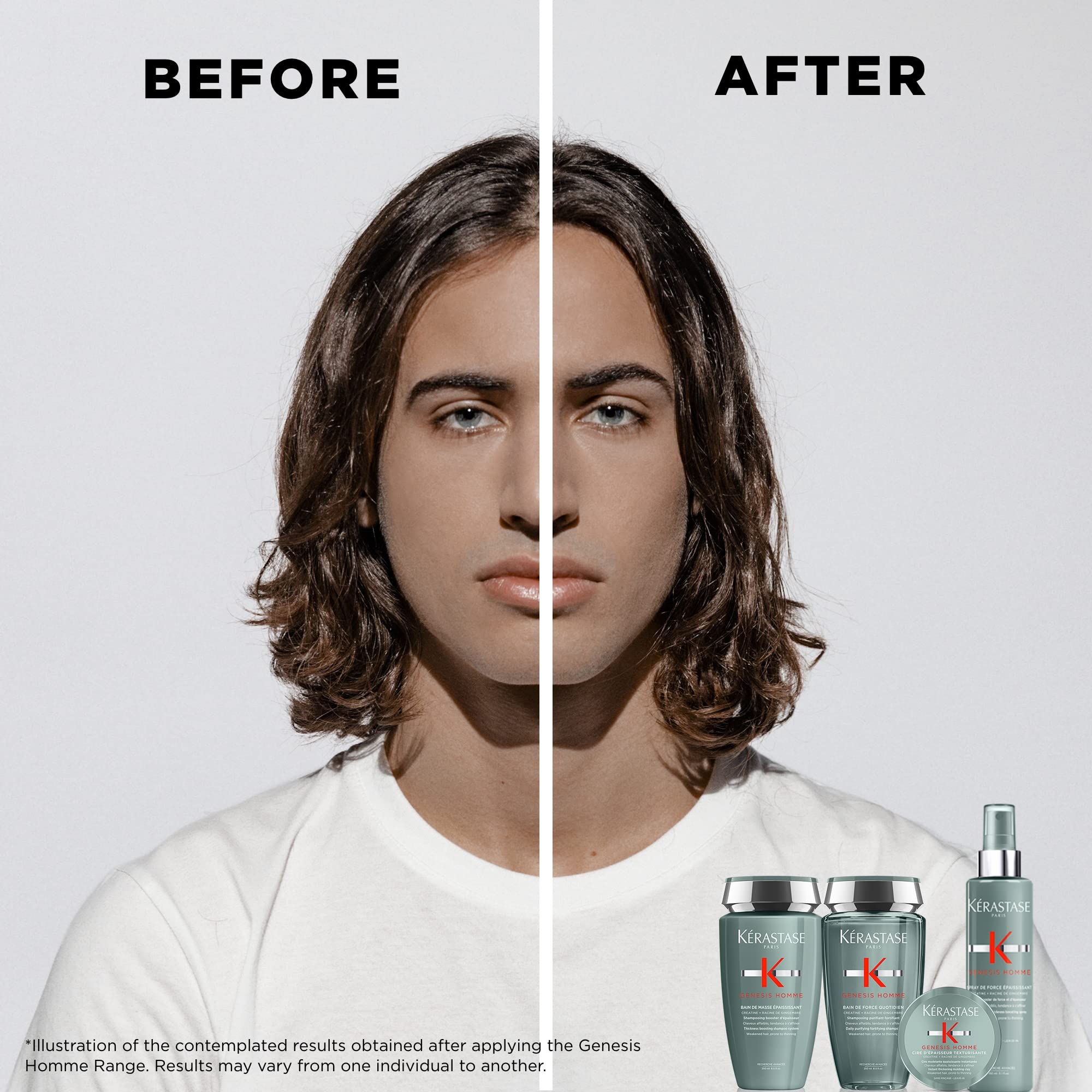 Kerastase Genesis Homme hair close-up illustrates thicker-looking strands.