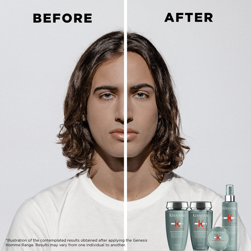 Kerastase Genesis Homme hair close-up illustrates thicker-looking strands.