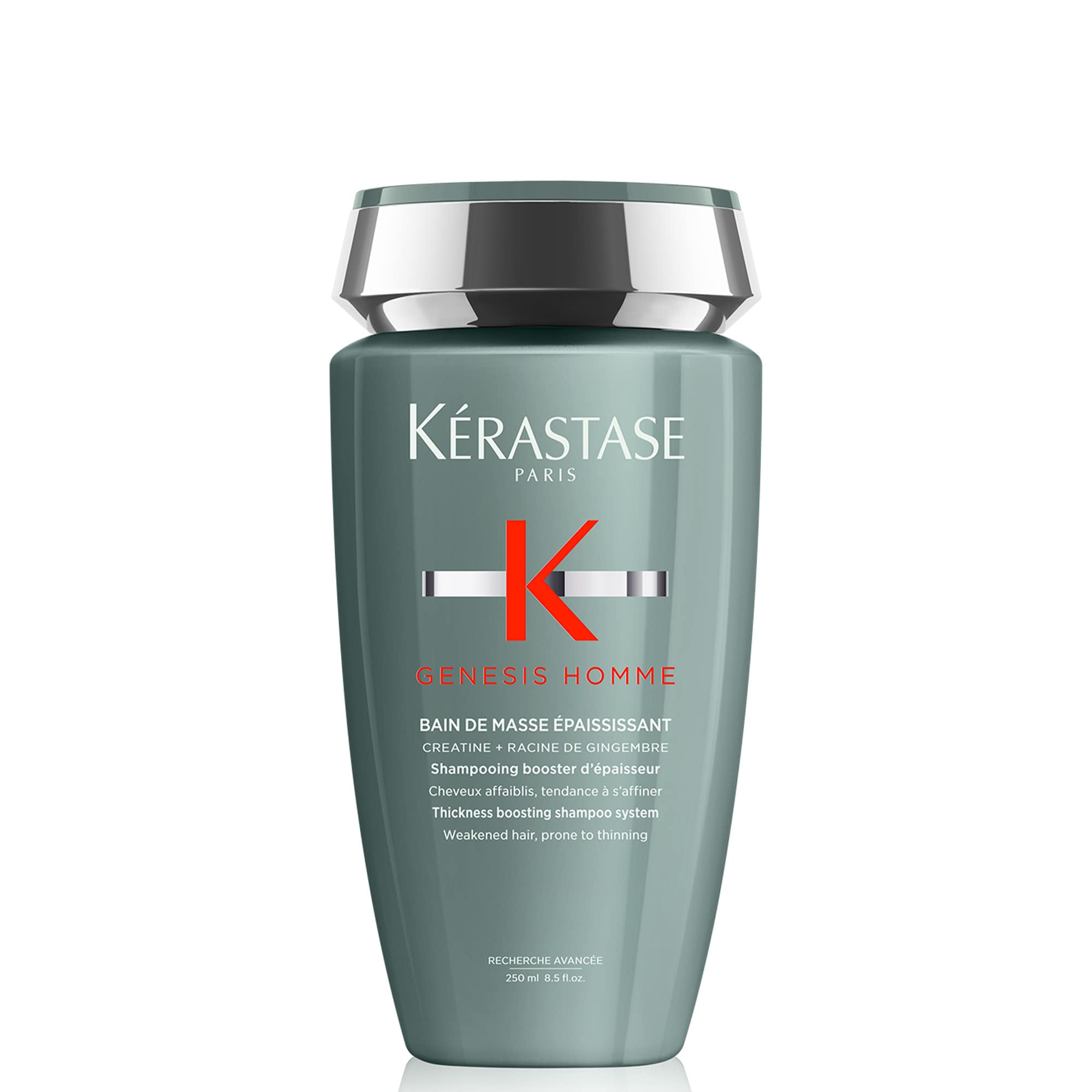 Kerastase Genesis Homme shampoo bottle showing thickening formula for stronger hair.