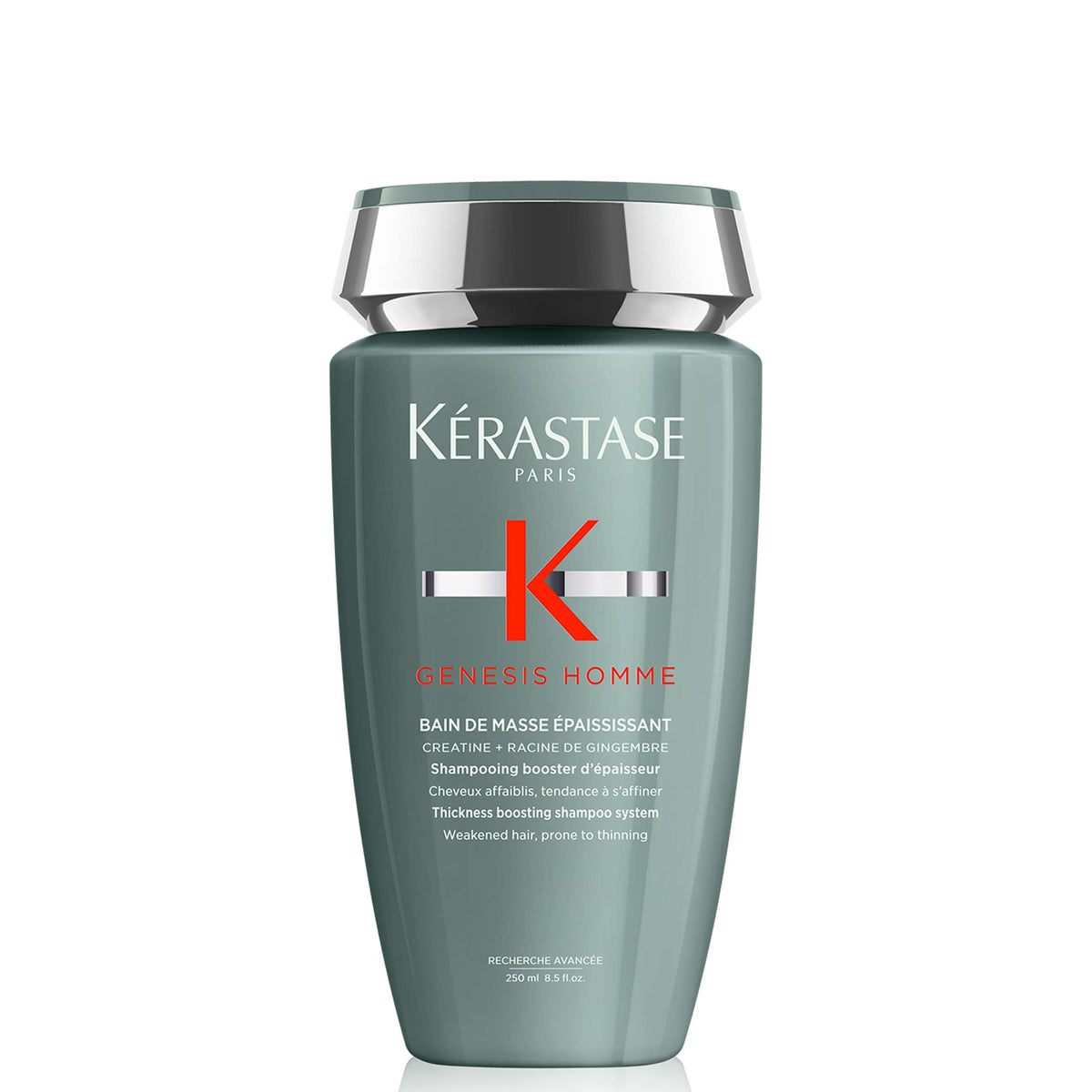 Kerastase Genesis Homme shampoo bottle showing thickening formula for stronger hair.