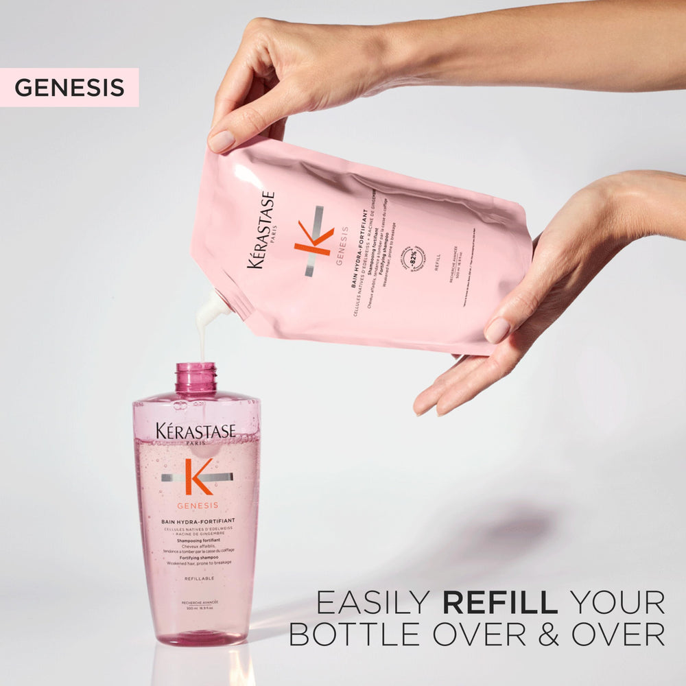 KÉRASTASE refill bottle with pouch promoting sustainable refillable packaging