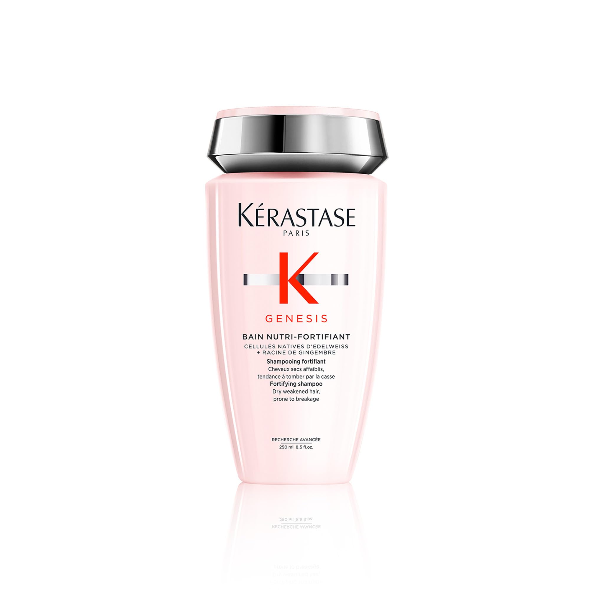 Kerastase Genesis Strengthening Shampoo bottle closeup highlights fortifying formula for breakage-prone hair