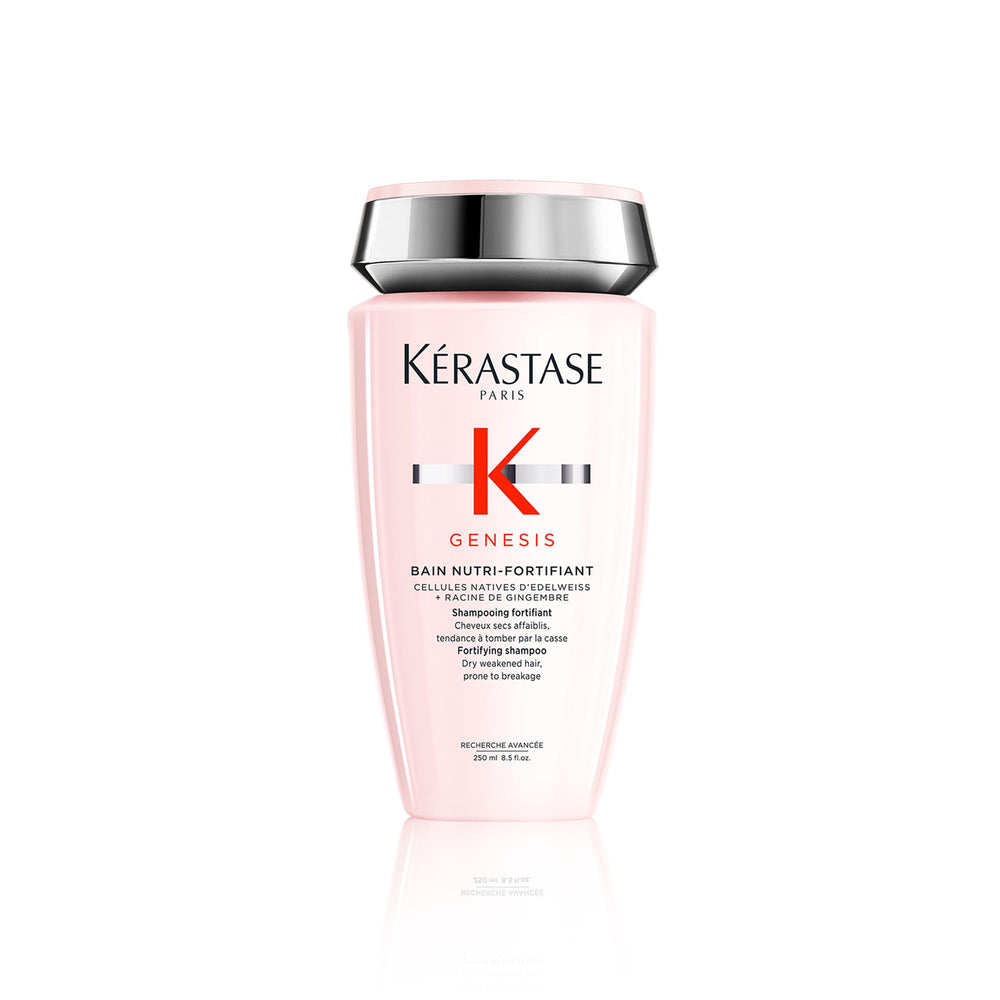 Kerastase Genesis Strengthening Shampoo bottle closeup highlights fortifying formula for breakage-prone hair