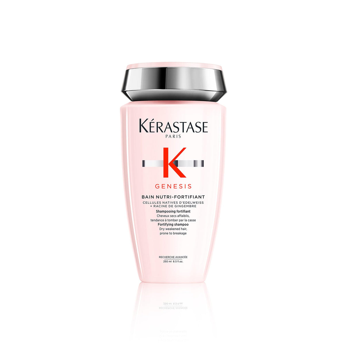 Kerastase Genesis Strengthening Shampoo bottle closeup highlights fortifying formula for breakage-prone hair