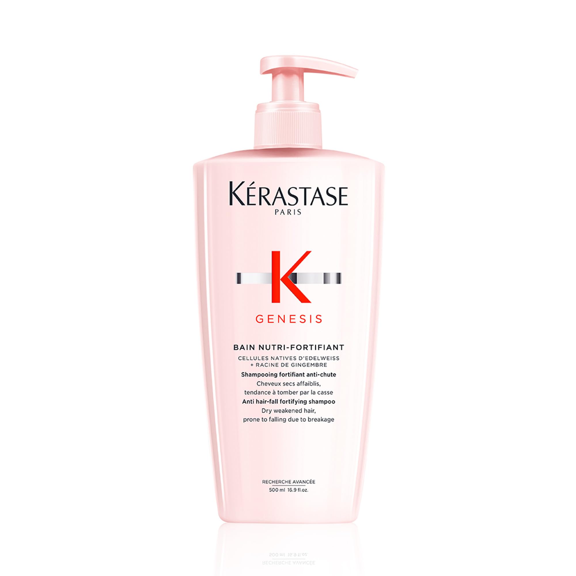 Kérastase Genesis shampoo bottle strengthens weak hair for detangling.