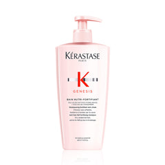 Kérastase Genesis shampoo bottle strengthens weak hair for detangling.