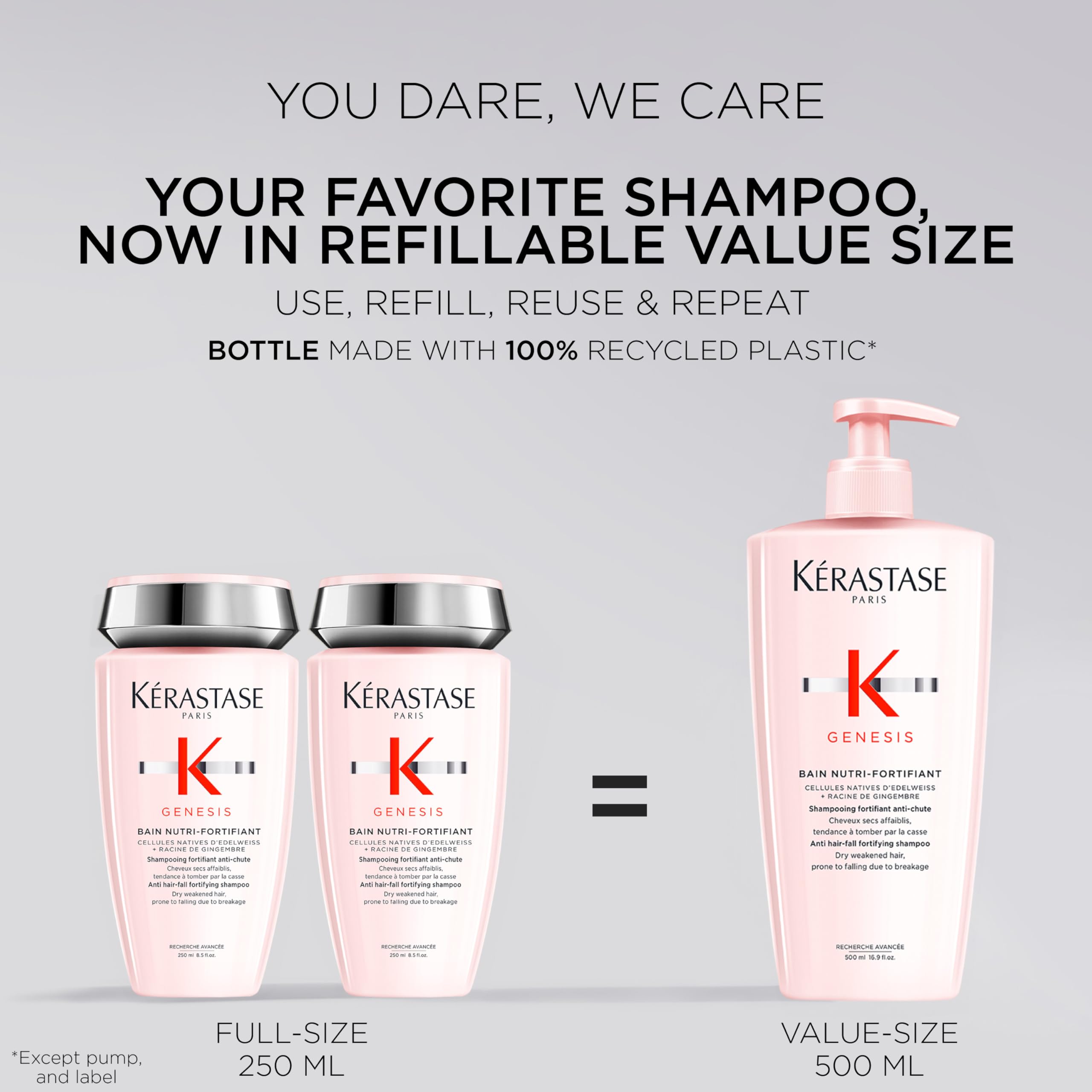 Kérastase Genesis shampoo close-up label highlights Nutri-Fortifiant formula.