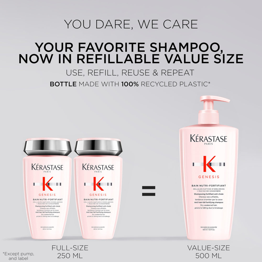 Kérastase Genesis shampoo close-up label highlights Nutri-Fortifiant formula.