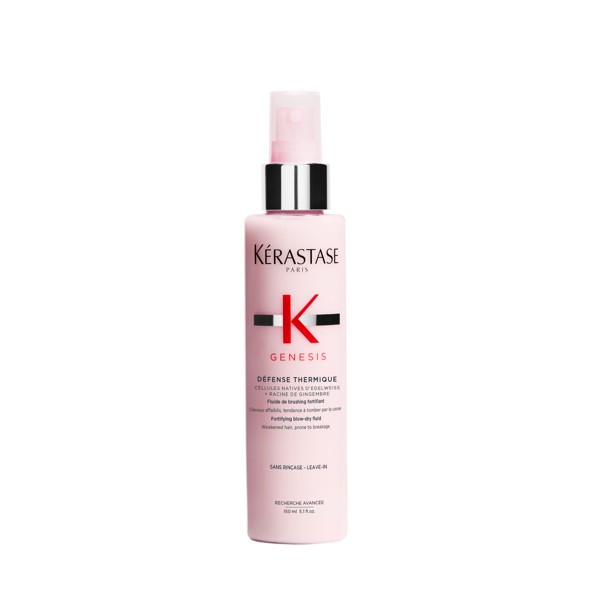 Kerastase Genesis Thermique bottle close-up highlighting heat protection for fragile hair.