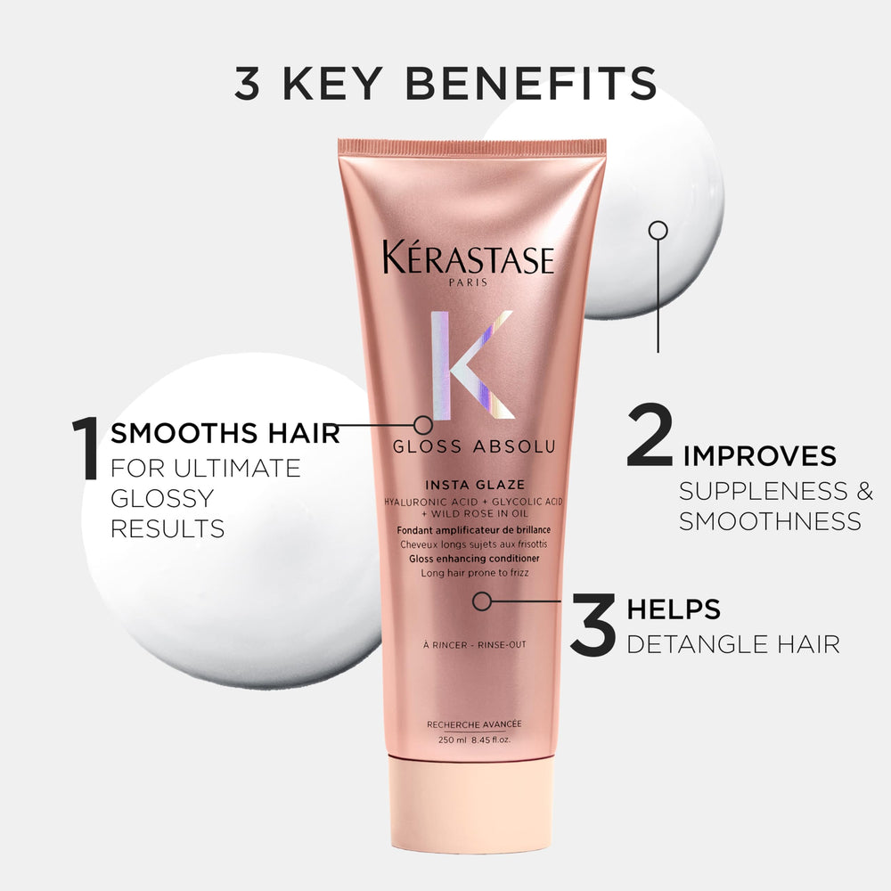 Kerastase Gloss Absolu 4-day smoothness image suggests long-lasting frizz control.