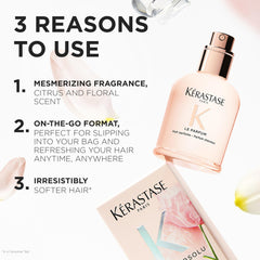KÉRASTASE mist spraying into hair, demonstrates quick on-the-go fragrance refresh