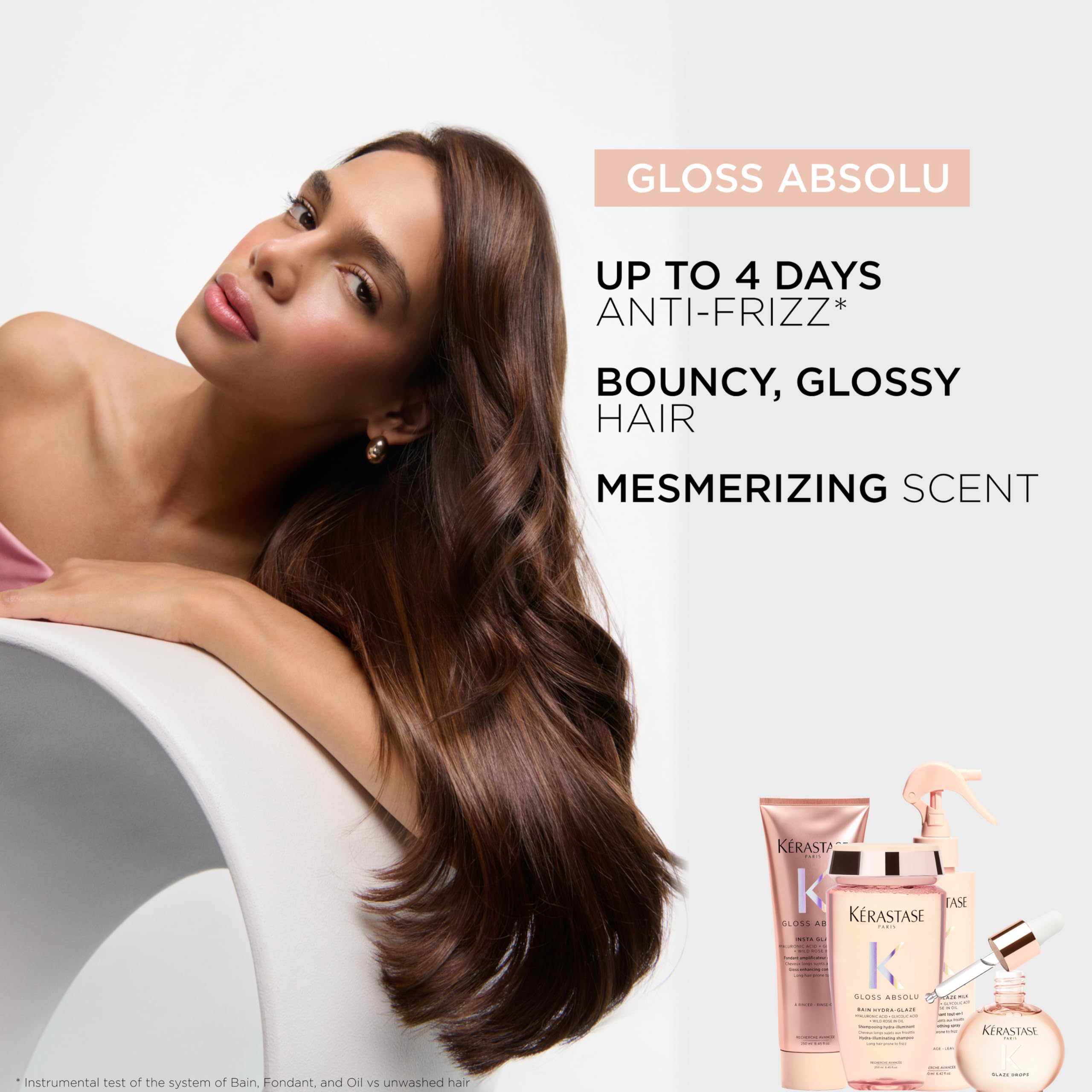 Model hair shows a glossy, frizz-free shine after using Gloss Absolu