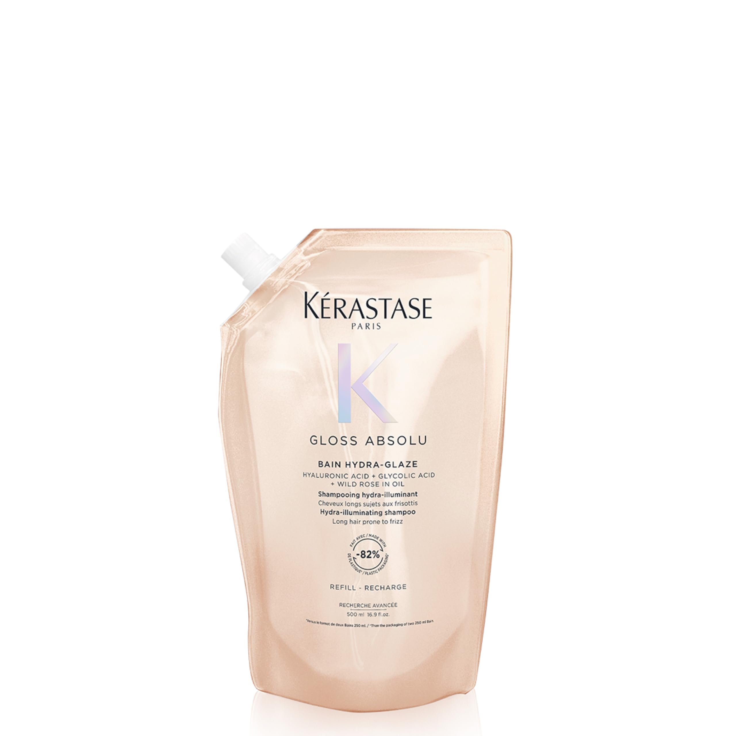 KÉRASTASE Gloss Absolu shampoo bottle closeup for glossy, frizz-controlled styling.