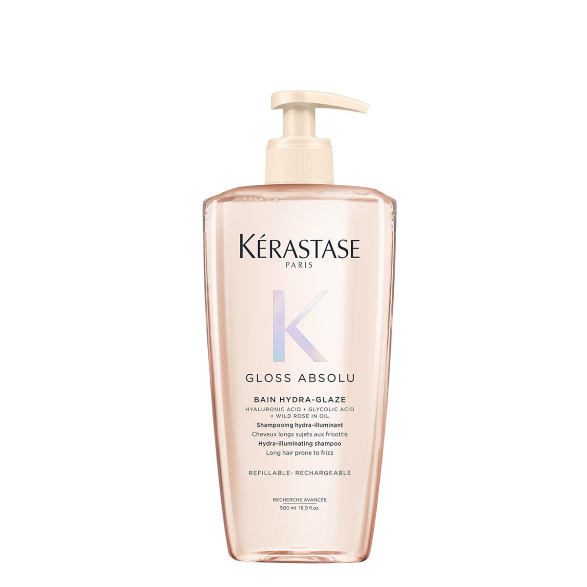 Kerastase Gloss Absolu shampoo bottle demonstrates a hydrating cleanse and high shine.