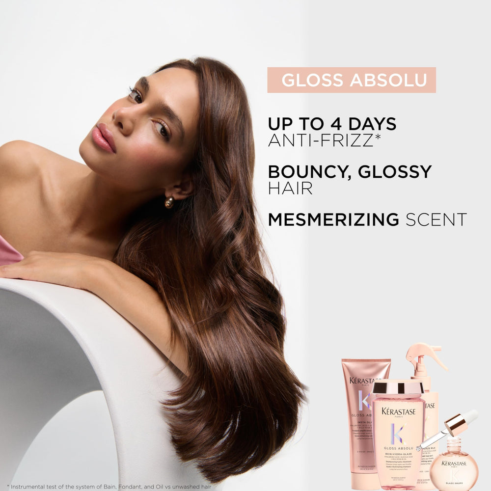 Kerastase Gloss Absolu shine close-up emphasizes luminous glossy finish.