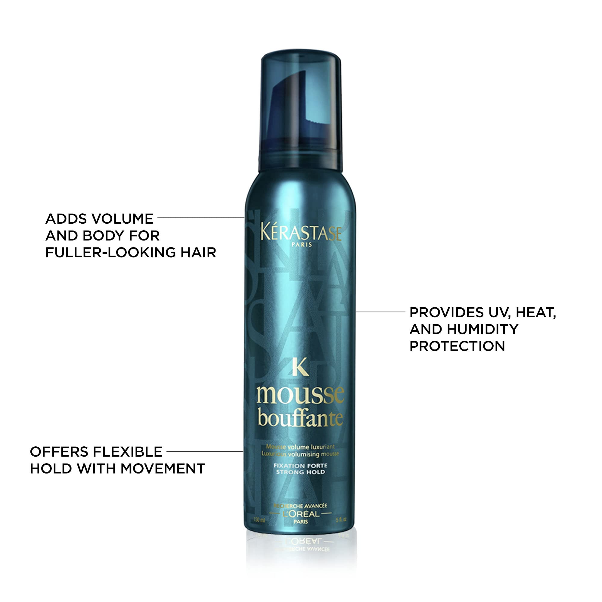 Kerastase Mousse Bouffante on a styling board with heat protection for smooth, lasting hold.