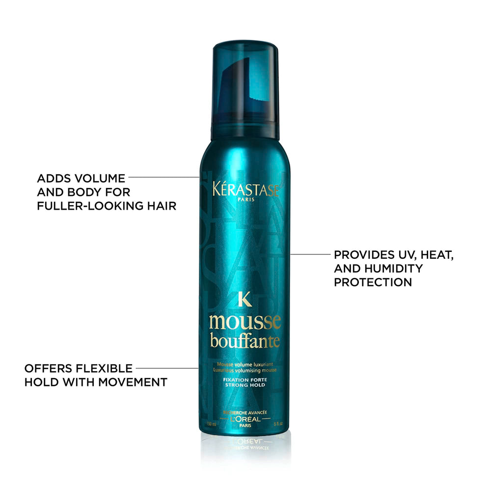 Kerastase Mousse Bouffante on a styling board with heat protection for smooth, lasting hold.