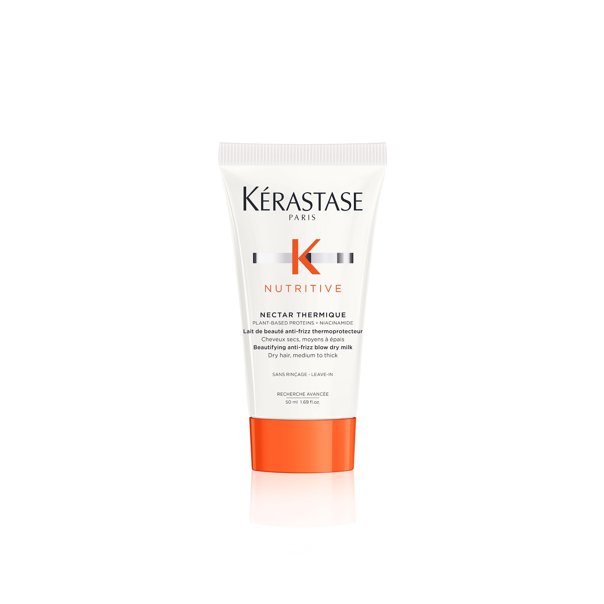 KÉRASTASE Nectar Thermique bottle closeup highlights heat protection for dry, frizz-prone hair