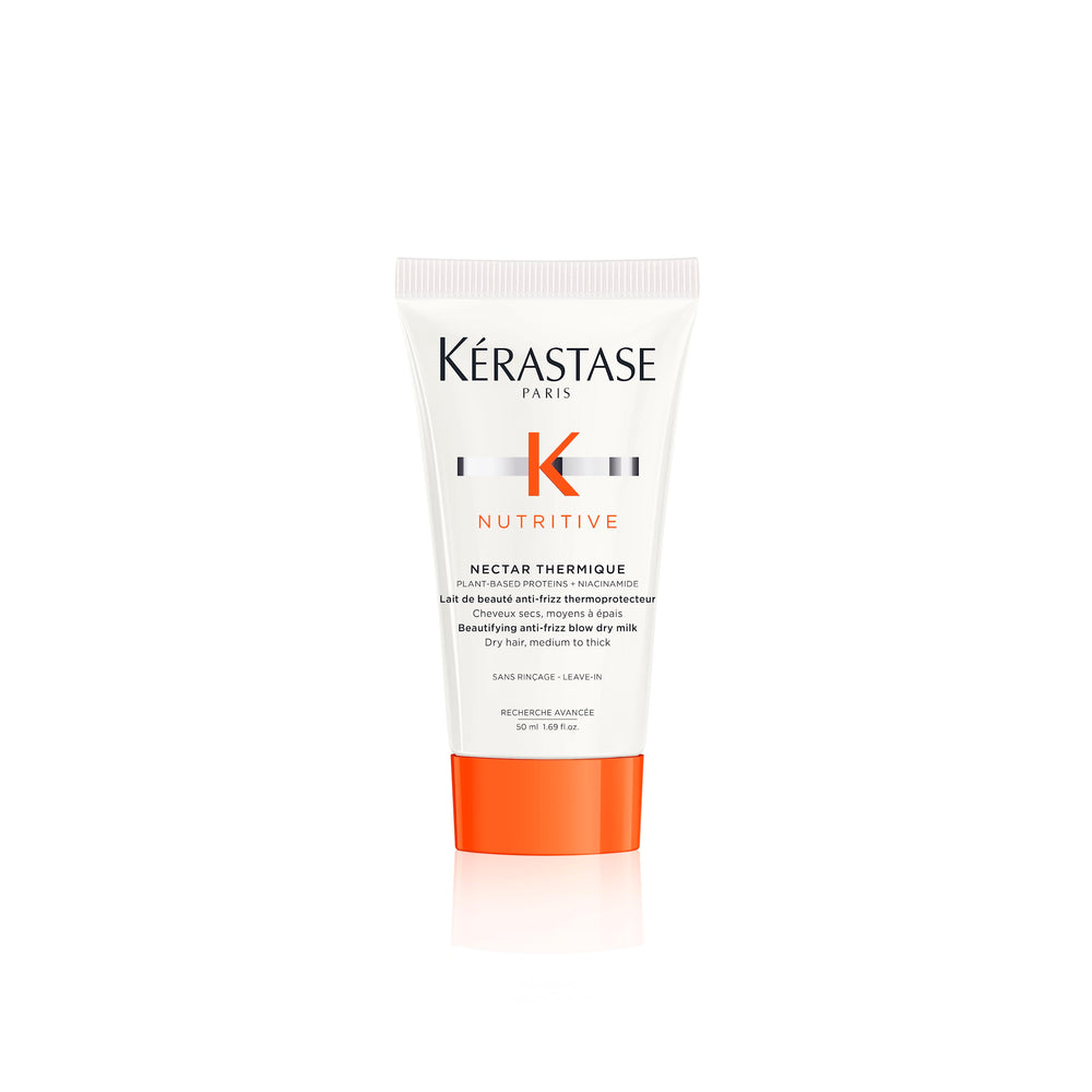 KÉRASTASE Nectar Thermique bottle closeup highlights heat protection for dry, frizz-prone hair
