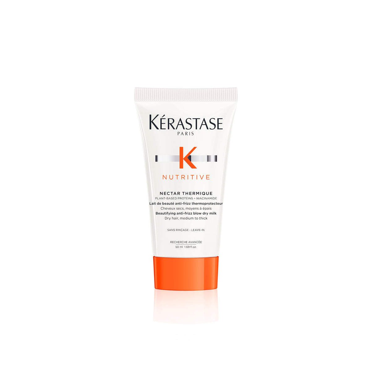 KÉRASTASE Nectar Thermique bottle closeup highlights heat protection for dry, frizz-prone hair