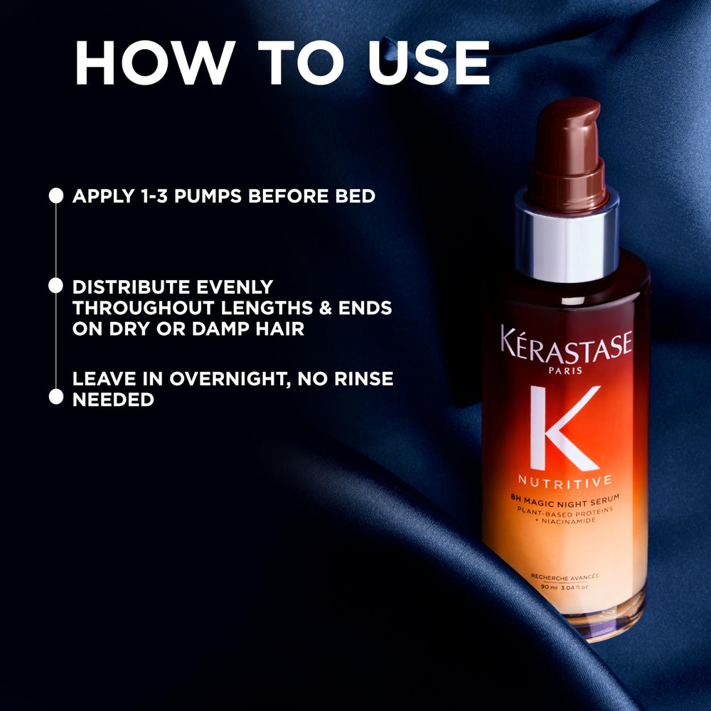 KÉRASTASE Nutritive 8H Magic Night Serum travel-size packaging appeals to on-the-go routines and night-time nourishment.